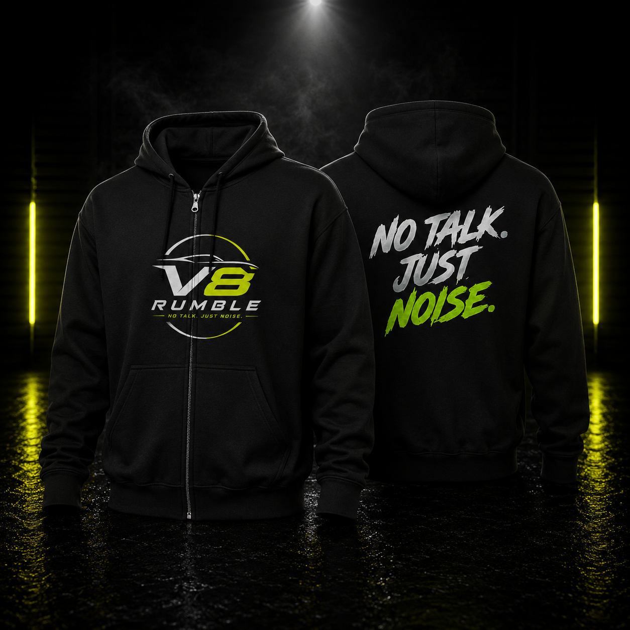 V8 Rumble Zip Hoodie — Automotive Racing Engine Logo Full‑Zip Sweatshirt